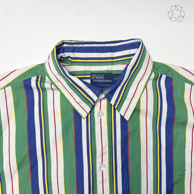Women Polo Ralph Lauren Oversize Fit Striped Cotton Shirt 'Green/Blue Multi-Stripe' Size M Pre-Owned