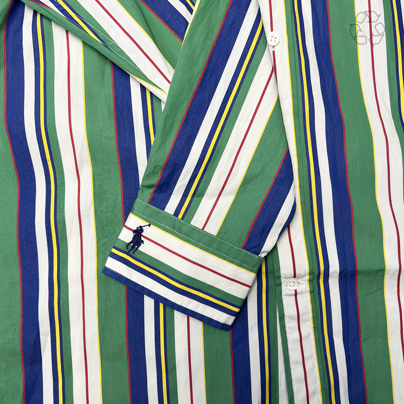Women Polo Ralph Lauren Oversize Fit Striped Cotton Shirt 'Green/Blue Multi-Stripe' Size M Pre-Owned