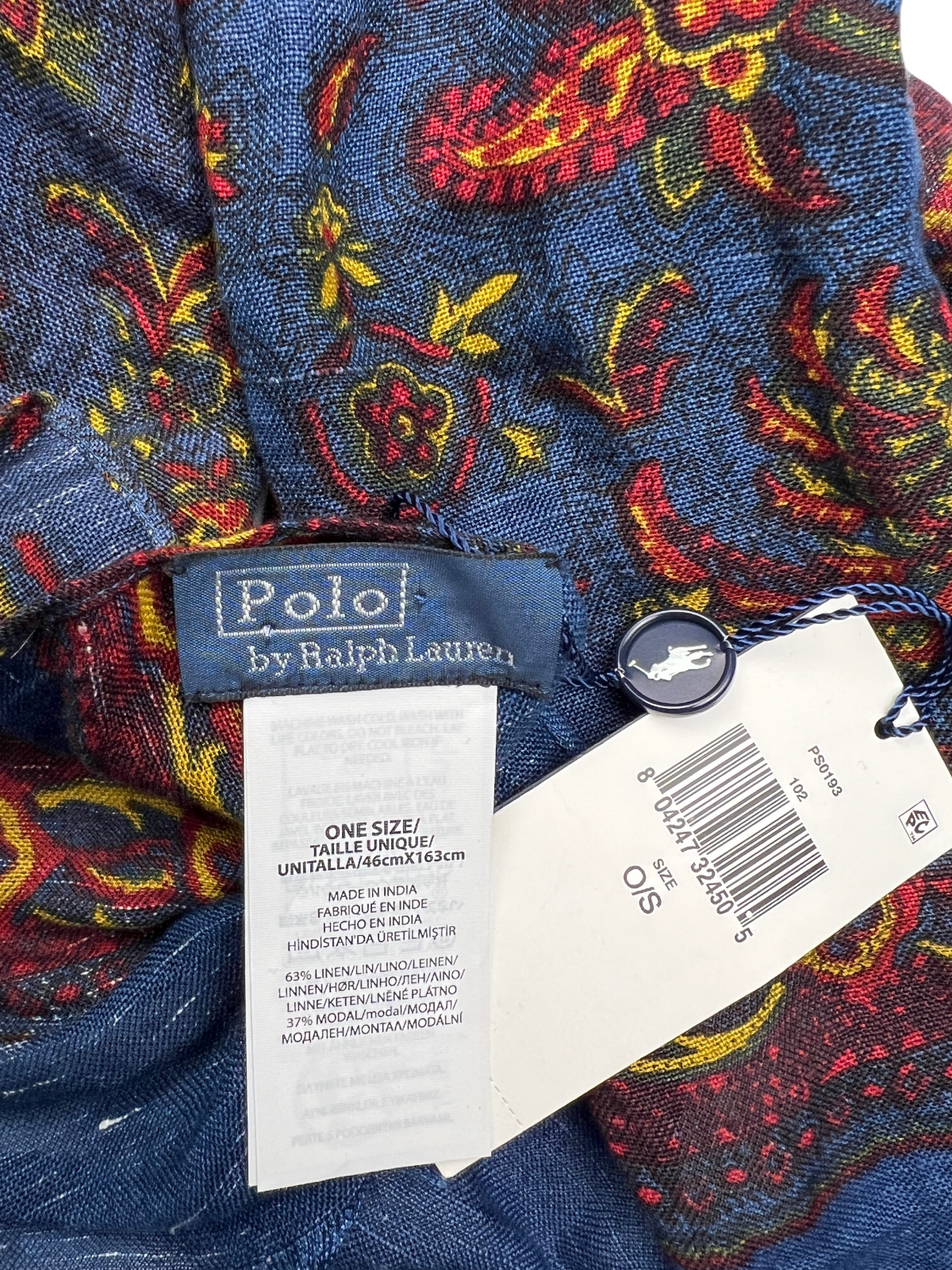 Polo Ralph Lauren Paisley Linen-Blend Scarf 'Blue Multicolor' Brand New