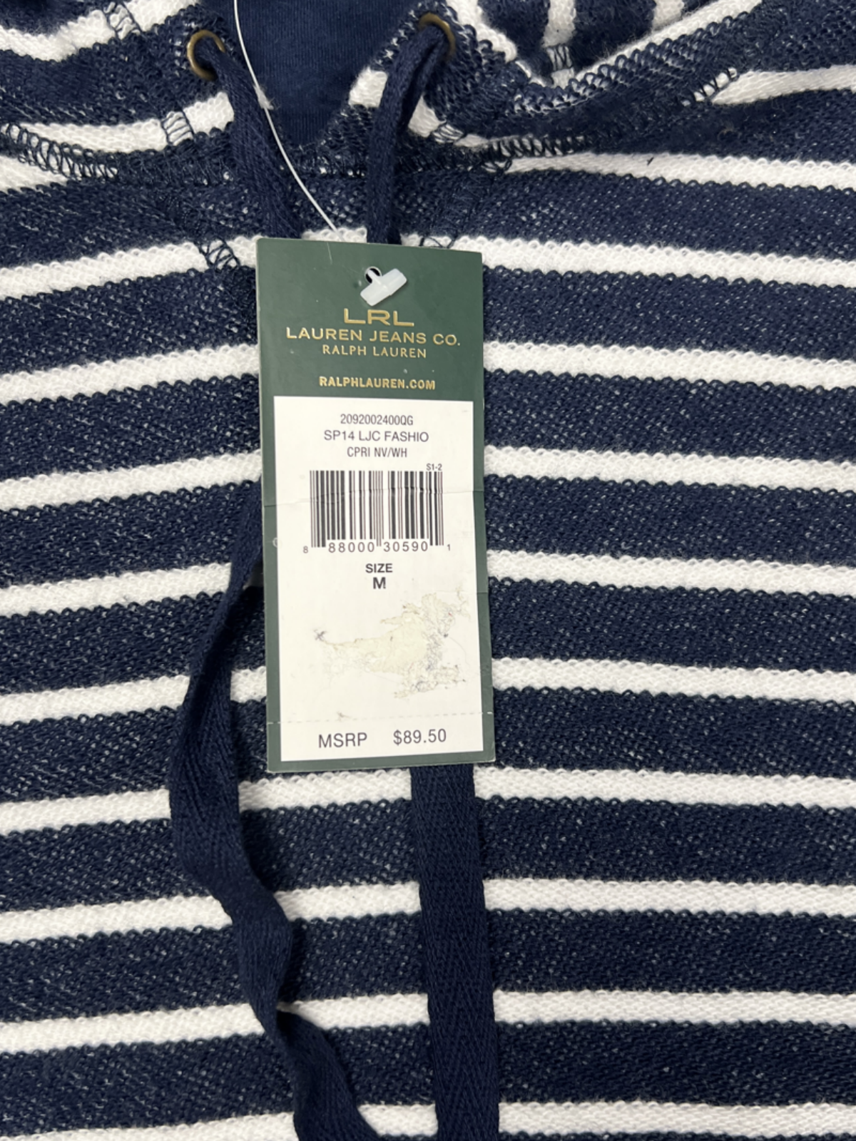 LRL Lauren Jeans Co. x Ralph Lauren French Terry Hooded T-Shirt 'Navy/White' Size M Brand New