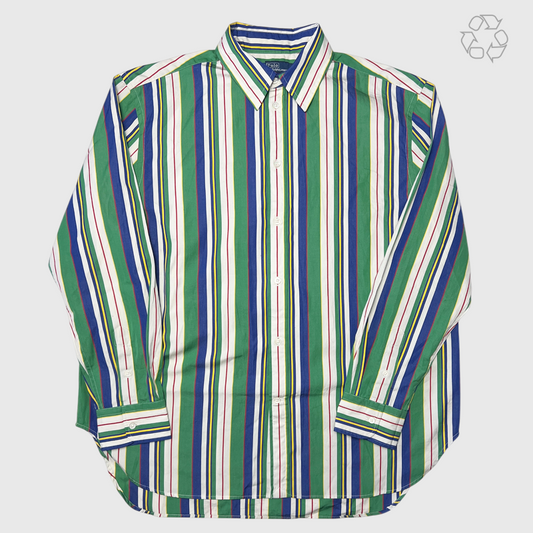 Women Polo Ralph Lauren Oversize Fit Striped Cotton Shirt 'Green/Blue Multi-Stripe' Size M Pre-Owned