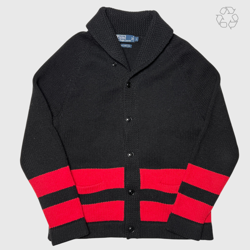 Vintage Polo Ralph Lauren Shawl Collar Wool Cardigan 'Black/Red' Size L Pre-Owned