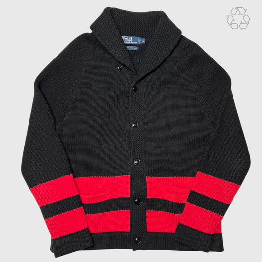 Vintage Polo Ralph Lauren Shawl Collar Wool Cardigan 'Black/Red' Size L Pre-Owned