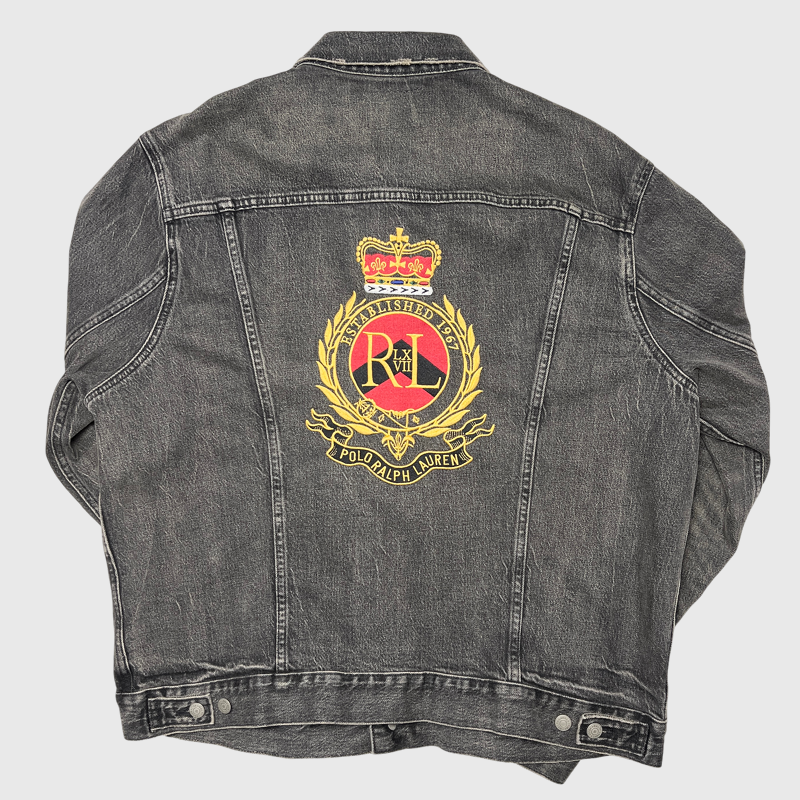 Polo Ralph Lauren Crown Crest Denim Trucker Jacket 'Black' Size 2XL Pre-Owned