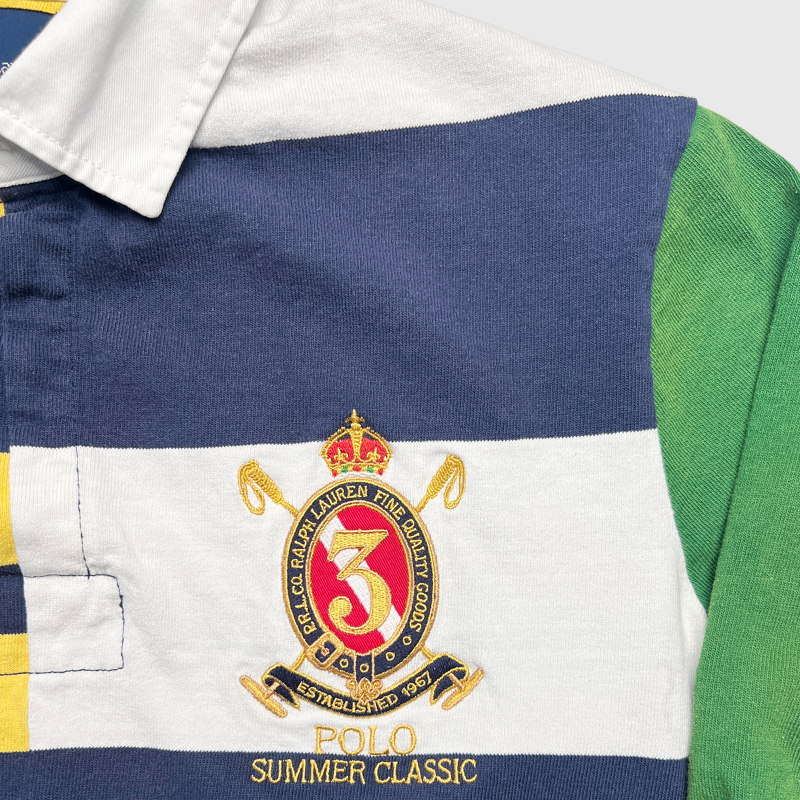 Polo Ralph Lauren Classic-Fit Patchwork Jersey Rugby Shirt 'Navy Multicolor' Size M Pre-Owned