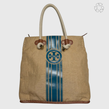 Tory Burch Burlap Striped Shopper Tote Bag 'Natural/Teal Blue' One Size Pre-Owned