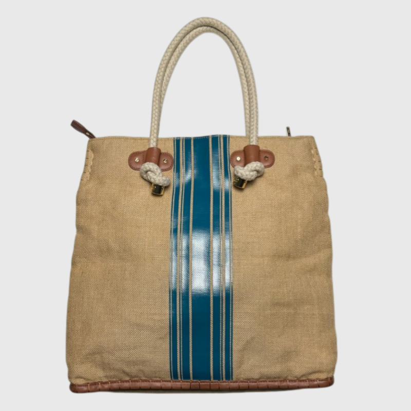 Tory Burch Burlap Striped Shopper Tote Bag 'Natural/Teal Blue' One Size Pre-Owned
