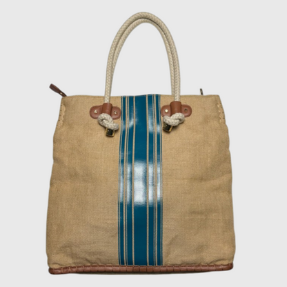 Tory Burch Burlap Striped Shopper Tote Bag 'Natural/Teal Blue' One Size Pre-Owned