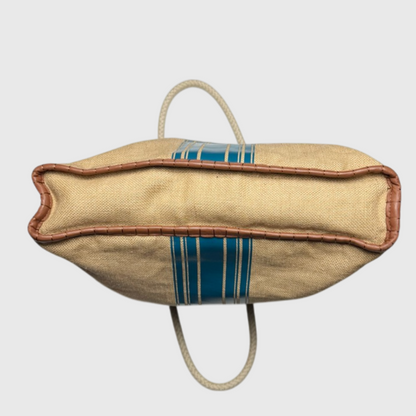 Tory Burch Burlap Striped Shopper Tote Bag 'Natural/Teal Blue' One Size Pre-Owned