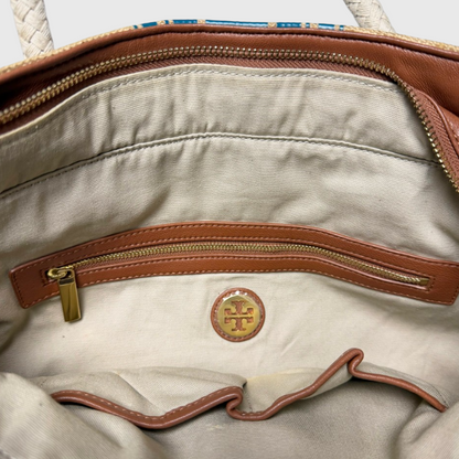 Tory Burch Burlap Striped Shopper Tote Bag 'Natural/Teal Blue' One Size Pre-Owned