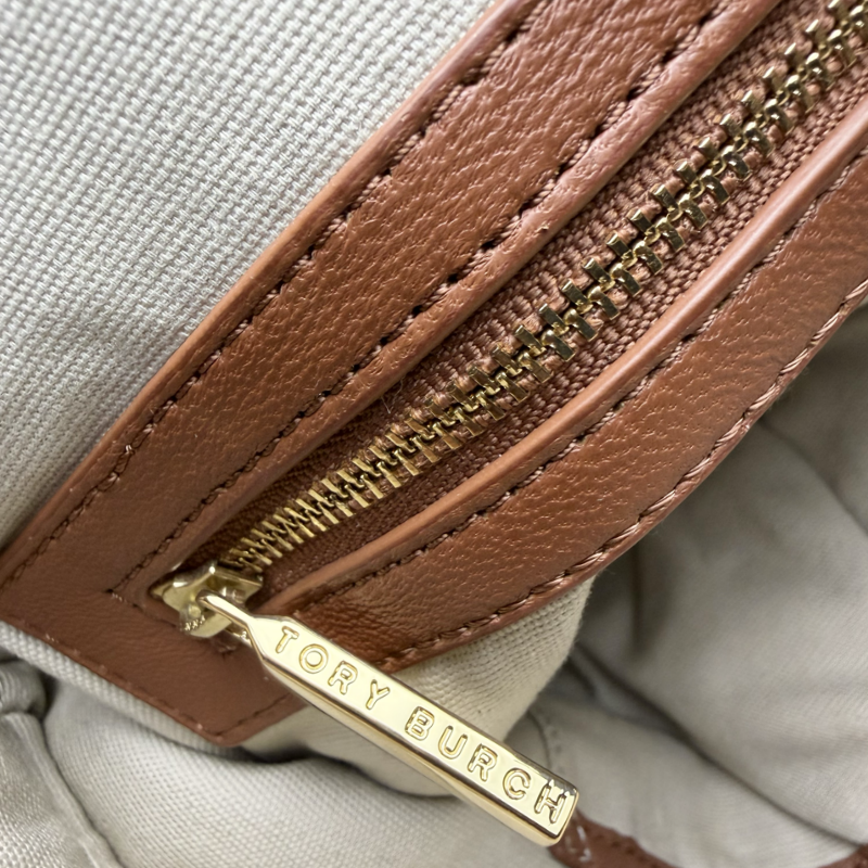 Tory Burch Burlap Striped Shopper Tote Bag 'Natural/Teal Blue' One Size Pre-Owned