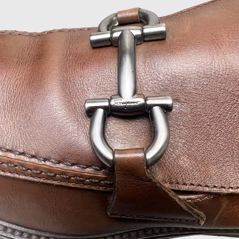 Salvatore Ferragamo Gancini Plaque Loafers 'Brown' Size 9 Pre-Owned