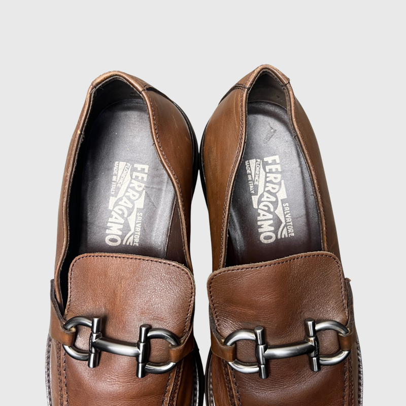 Salvatore Ferragamo Gancini Plaque Loafers 'Brown' Size 9 Pre-Owned