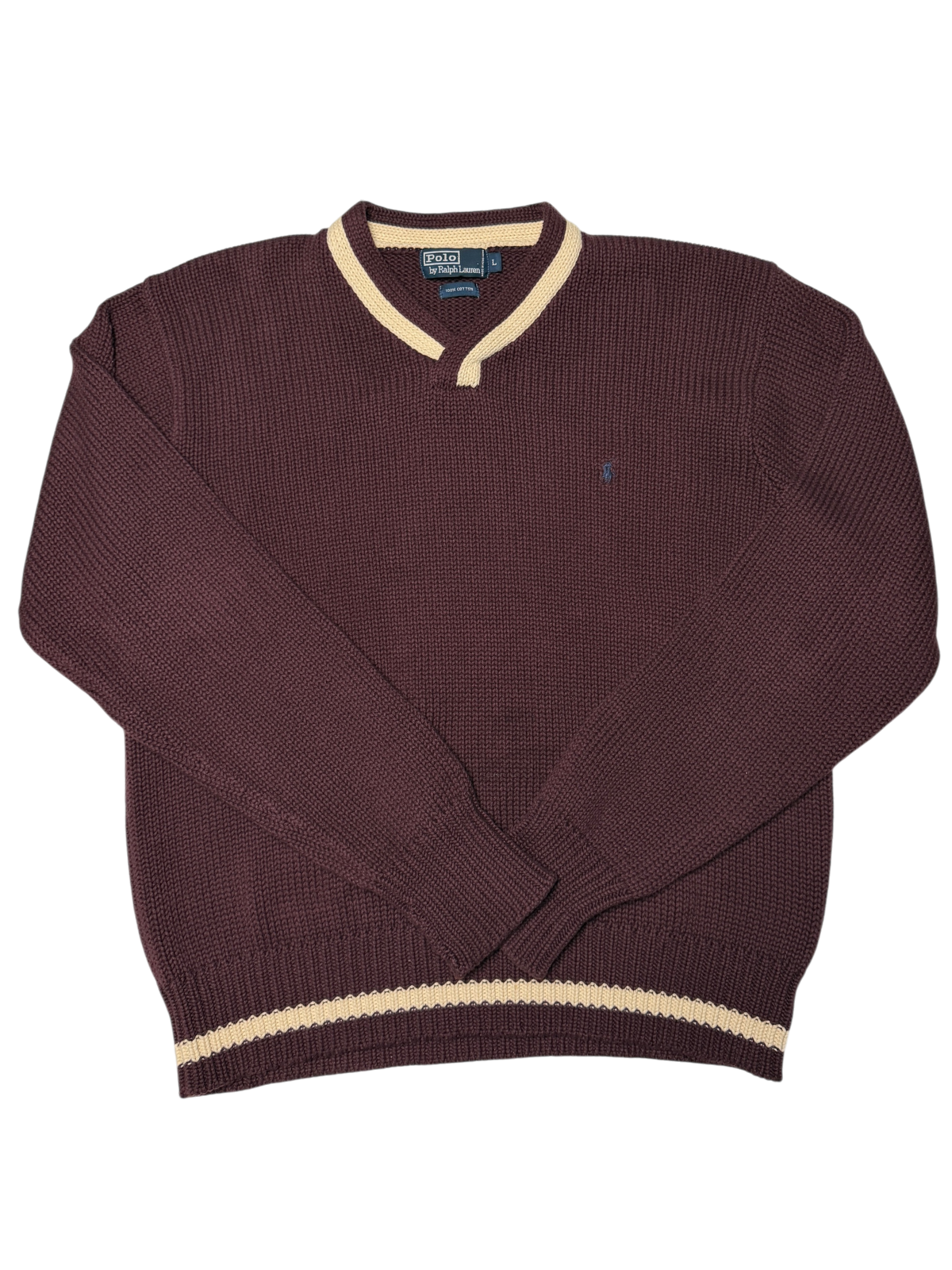 Vintage Polo Ralph Lauren V-Neck Cotton Knit Sweater 'Burgundy' Size L Pre-owned