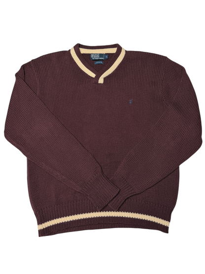 Vintage Polo Ralph Lauren V-Neck Cotton Knit Sweater 'Burgundy' Size L Pre-owned
