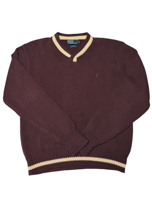 Vintage Polo Ralph Lauren V-Neck Cotton Knit Sweater 'Burgundy' Size L Pre-owned