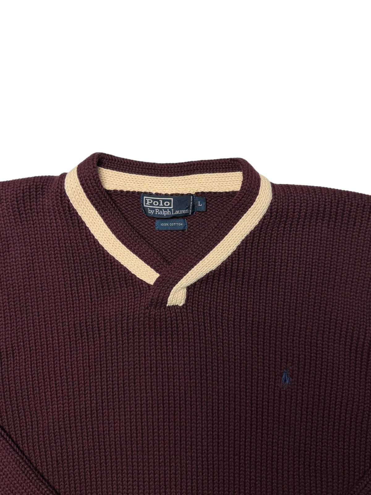 Vintage Polo Ralph Lauren V-Neck Cotton Knit Sweater 'Burgundy' Size L Pre-owned