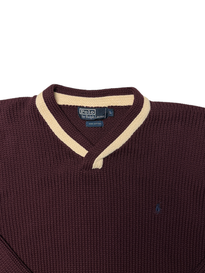 Vintage Polo Ralph Lauren V-Neck Cotton Knit Sweater 'Burgundy' Size L Pre-owned