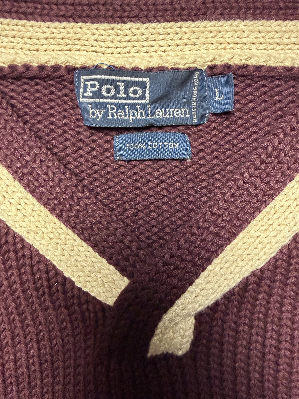Vintage Polo Ralph Lauren V-Neck Cotton Knit Sweater 'Burgundy' Size L Pre-owned