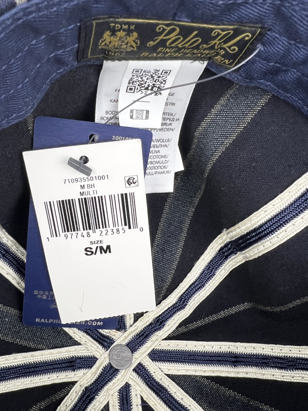 Polo Ralph Lauren Crest Striped Satin Cricket Cap 'Midnight Blue' 710935501001 Size S/M Brand New