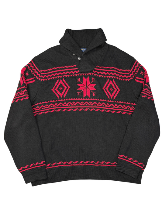 Polo Ralph Lauren Cotton Snowflake Shawl Collar Sweater 'Black/Red' Size XXL Pre-Owned