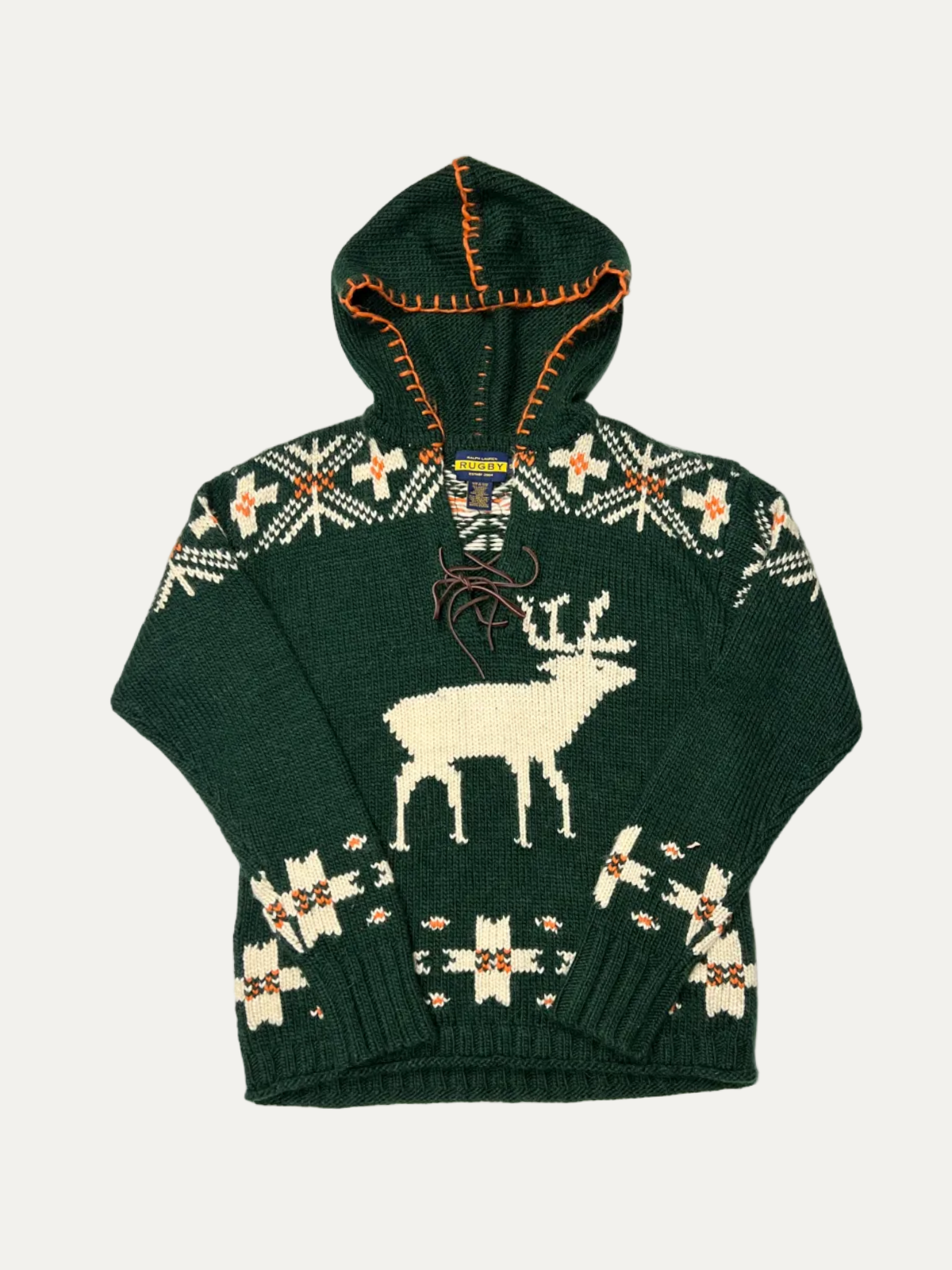 Rugby Ralph Lauren Hooded Moose Aztec Knit Sweater 'Hunter Green' Size S Pre-Owned