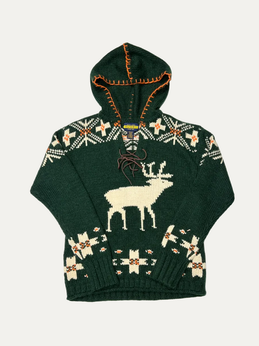 Rugby Ralph Lauren Hooded Moose Aztec Knit Sweater 'Hunter Green' Size S Pre-Owned