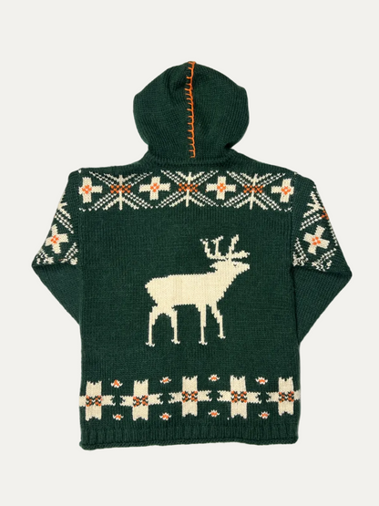 Rugby Ralph Lauren Hooded Moose Aztec Knit Sweater 'Hunter Green' Size S Pre-Owned