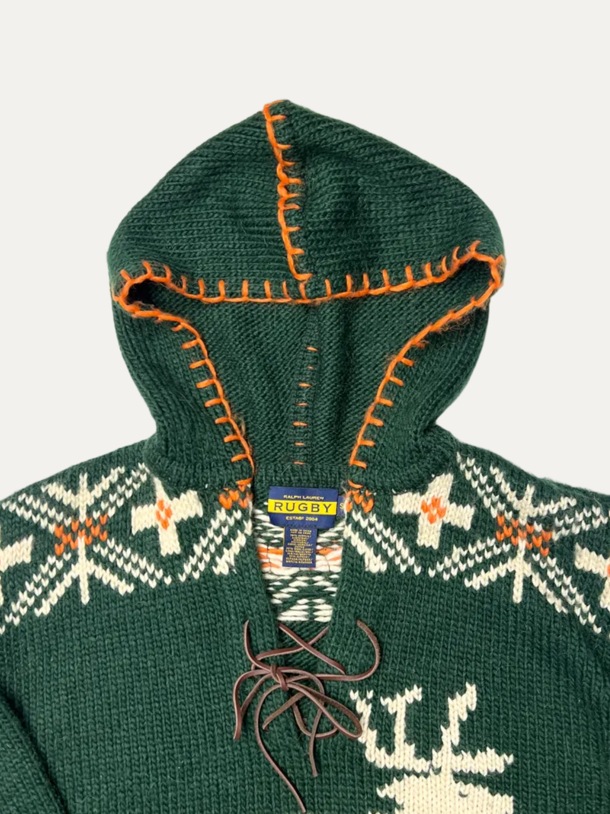 Rugby Ralph Lauren Hooded Moose Aztec Knit Sweater 'Hunter Green' Size S Pre-Owned