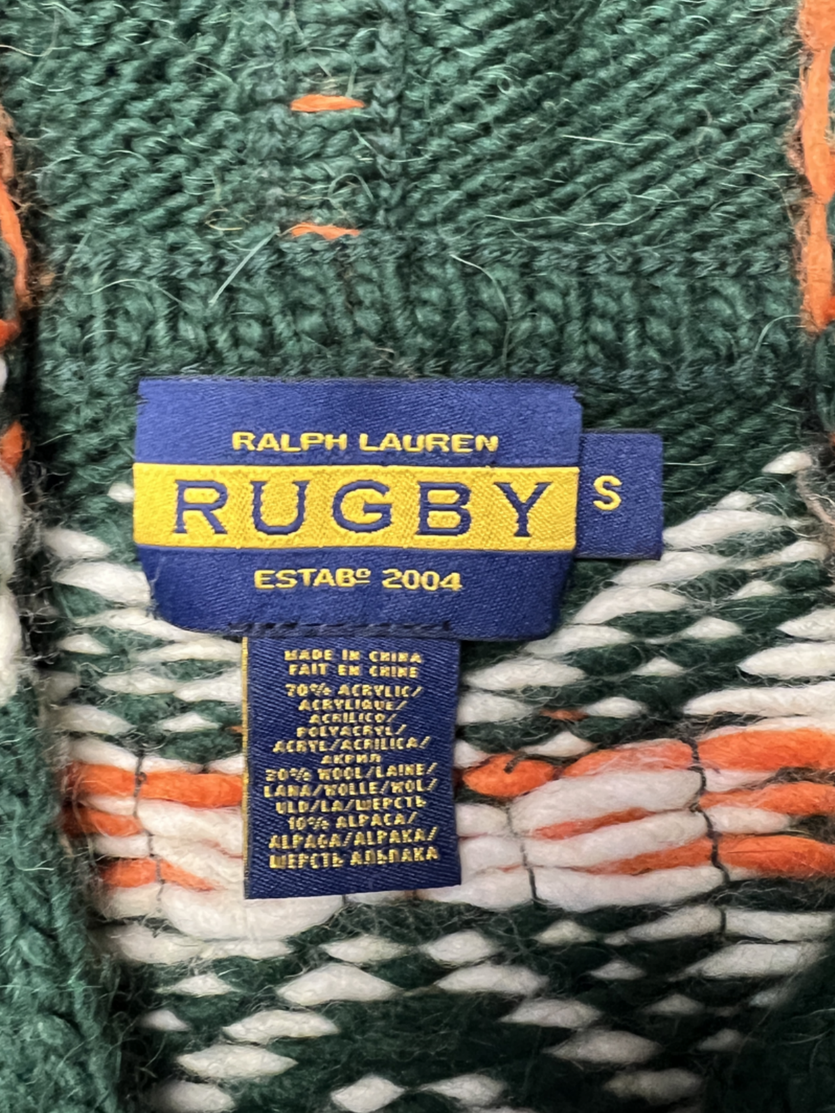 Rugby Ralph Lauren Hooded Moose Aztec Knit Sweater 'Hunter Green' Size S Pre-Owned