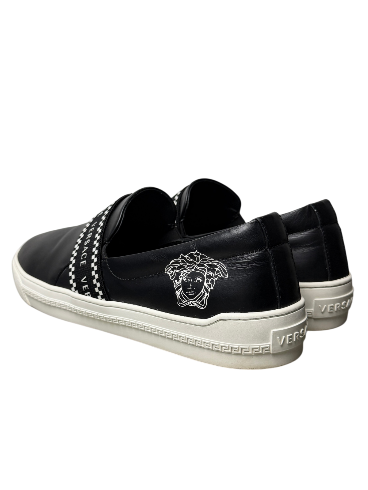 Versace Greca Elastic Band Slip On Sneaker 'Black/White Size 46 Pre-Owned