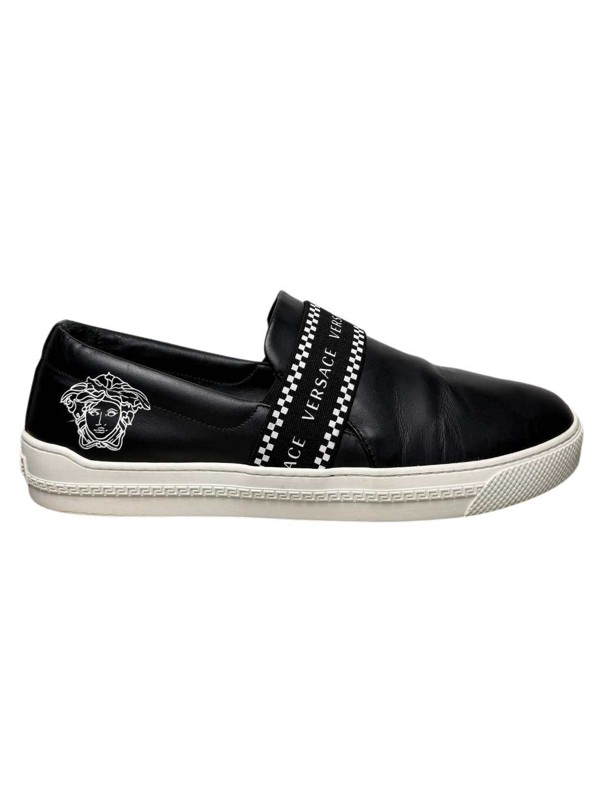 Versace Greca Elastic Band Slip On Sneaker 'Black/White Size 46 Pre-Owned