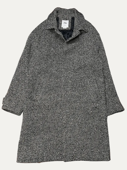 Zara Man Edition AW24 Herringbone Textured Button-Up Wool Coat Size M Pre-Owned