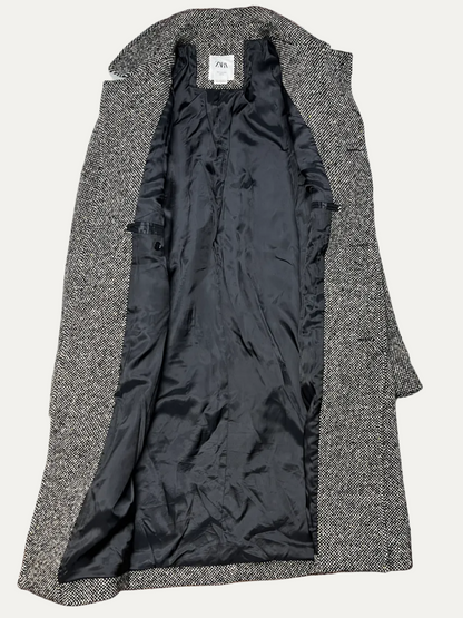 Zara Man Edition AW24 Herringbone Textured Button-Up Wool Coat Size M Pre-Owned