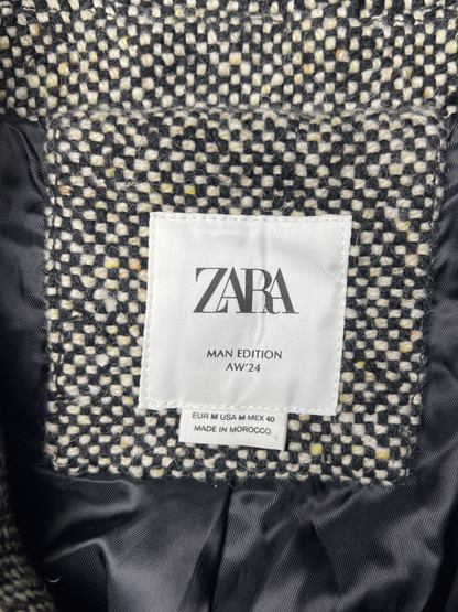 Zara Man Edition AW24 Herringbone Textured Button-Up Wool Coat Size M Pre-Owned