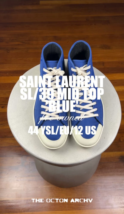 Saint Laurent SL/39 Mid Top Nylon & Leather Sneaker 'Blue' Size 12 Pre-Owned
