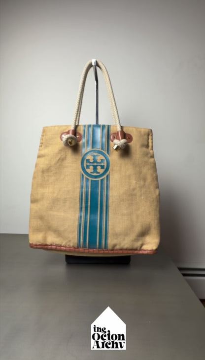 Tory Burch Burlap Striped Shopper Tote Bag 'Natural/Teal Blue' One Size Pre-Owned